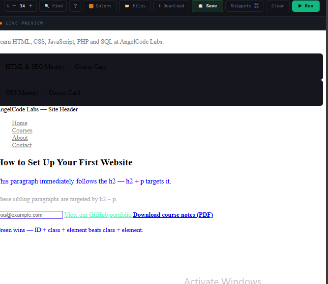 Three elements on a page — one styled by element selector, one by class, one by ID — showing specificity differences