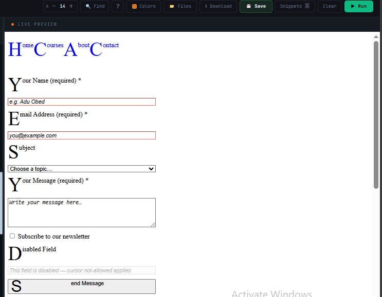 Navigation links with animated underline on hover, a form showing green valid and red invalid input borders, and a blockquote with styled first letter