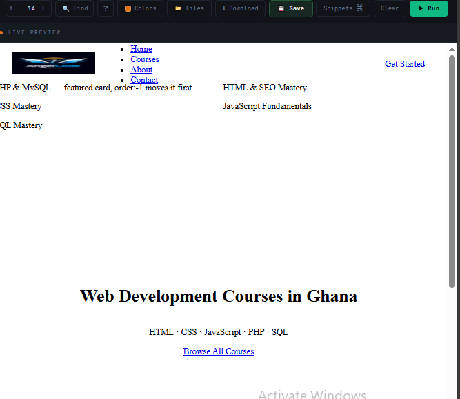 A navbar using flexbox with logo on left and navigation links on right using justify-content space-between, and a card row below using flex wrap