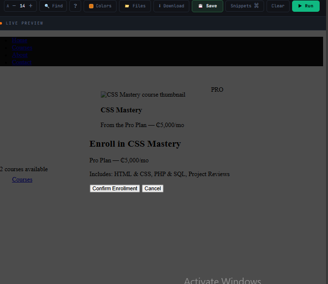 A product card with a PRO badge in the top-right corner using absolute positioning, a sticky navbar pinned to top, and a centred modal dialog