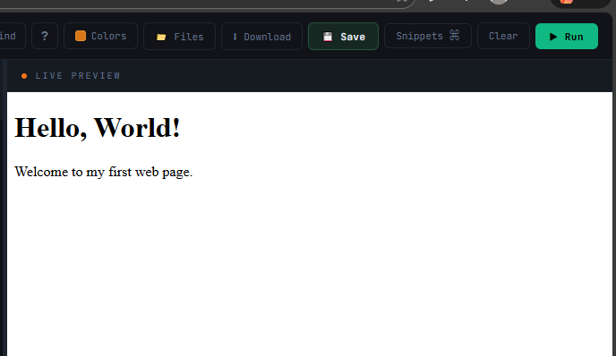 Browser window showing Hello World heading and paragraph — result of the Chapter 1 code example