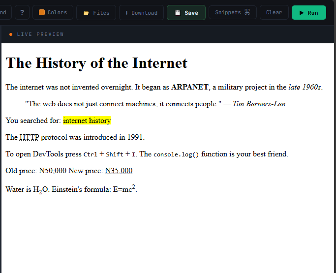 Blog article showing bold text, blockquote, highlighted search term, keyboard shortcuts, strikethrough price, and subscript — result of the Chapter 4 code example