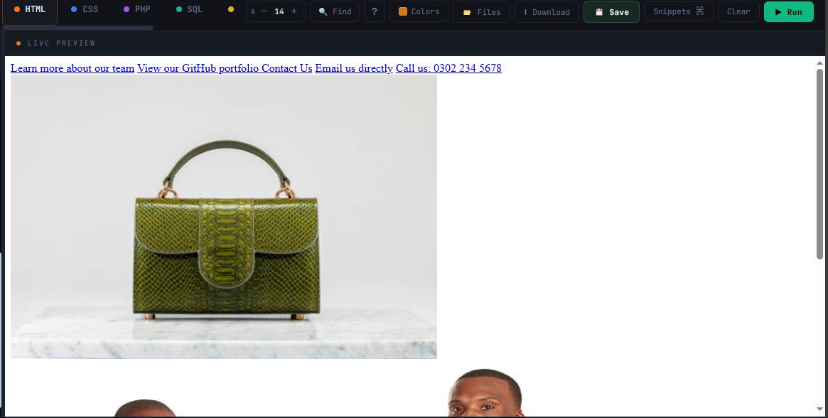 Page showing internal, external, email and phone links alongside a product image and a clickable image wrapped in an anchor — result of the Chapter 5 code example