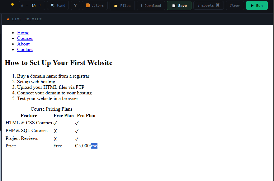 Navigation list, numbered step-by-step guide, and a comparison table with caption, header and footer rows — result of the Chapter 6 code example