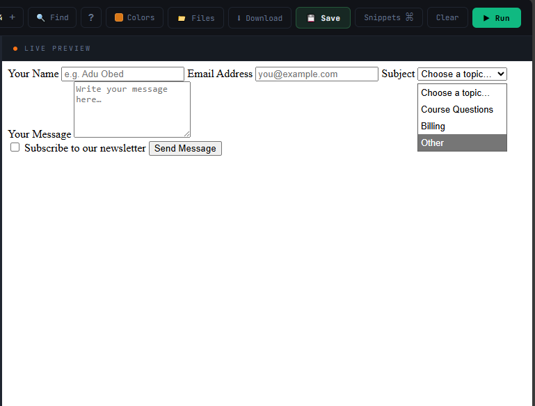A contact form with labelled inputs for name, email, subject dropdown, message textarea, newsletter checkbox and submit button — result of the Chapter 7 code example