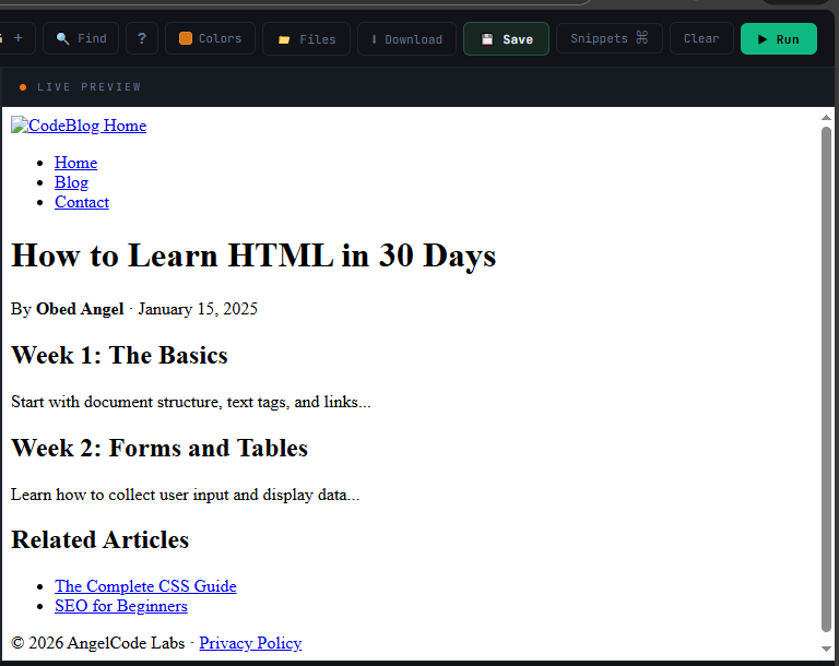 Wireframe blog page showing header with navigation, main content area with article and sidebar, and footer — result of the Chapter 8 semantic layout code example