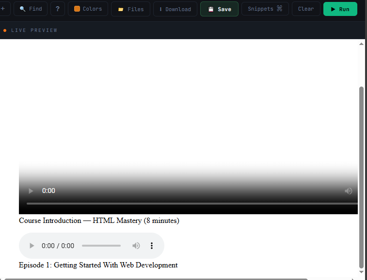 A video player with poster thumbnail and browser controls, with a figcaption below, and an audio player bar beneath it — result of the Chapter 9 code example