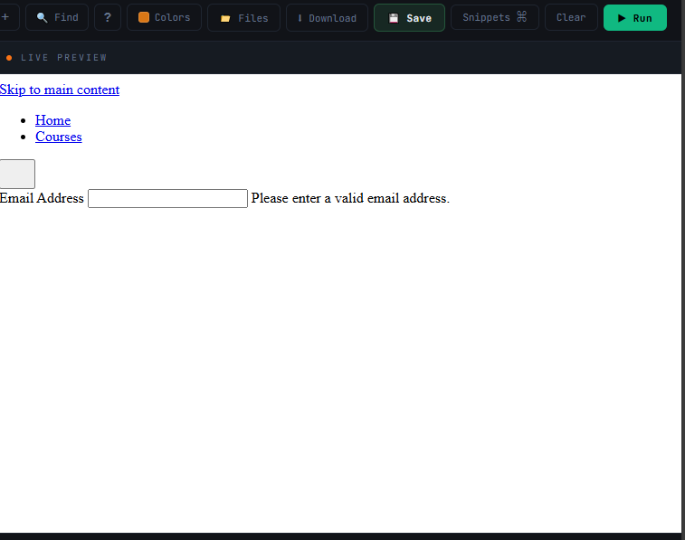 Navigation with active link highlighted, an email input with red error border and error message, and an accessible modal dialog with two buttons — result of the Chapter 11 code example
