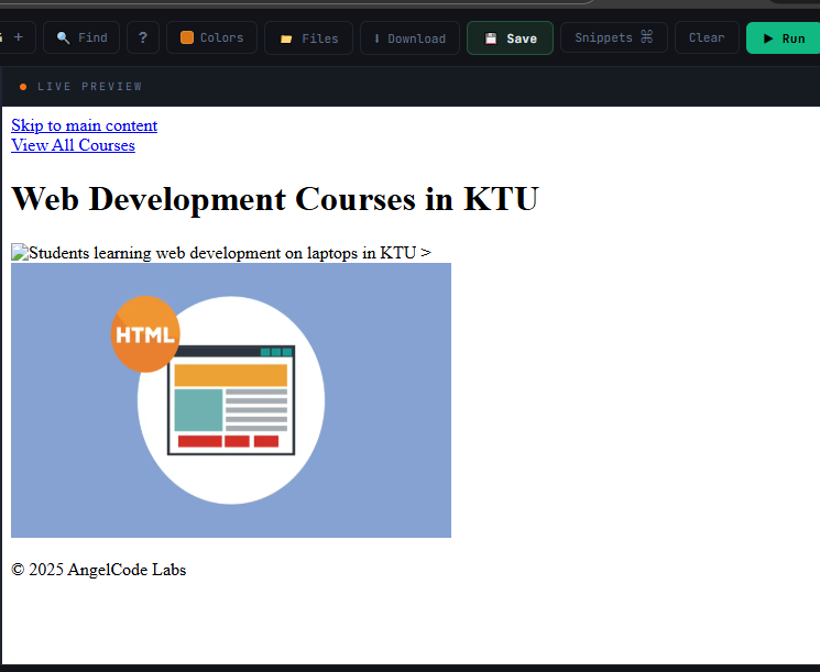 A complete optimised page with semantic header, navigation, hero image, lazy-loaded course images, and footer — result of the Chapter 12 best practices code example